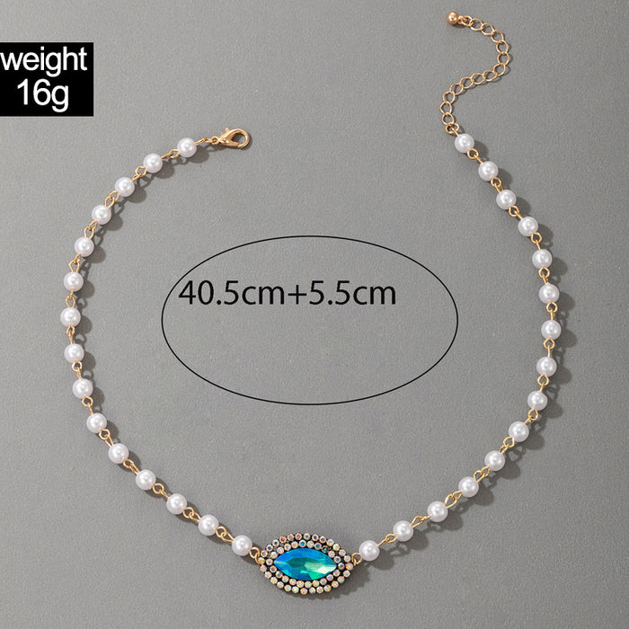 Blue Eye Diamond Single Layer Necklace with Pearl Bead Clavicle Chain