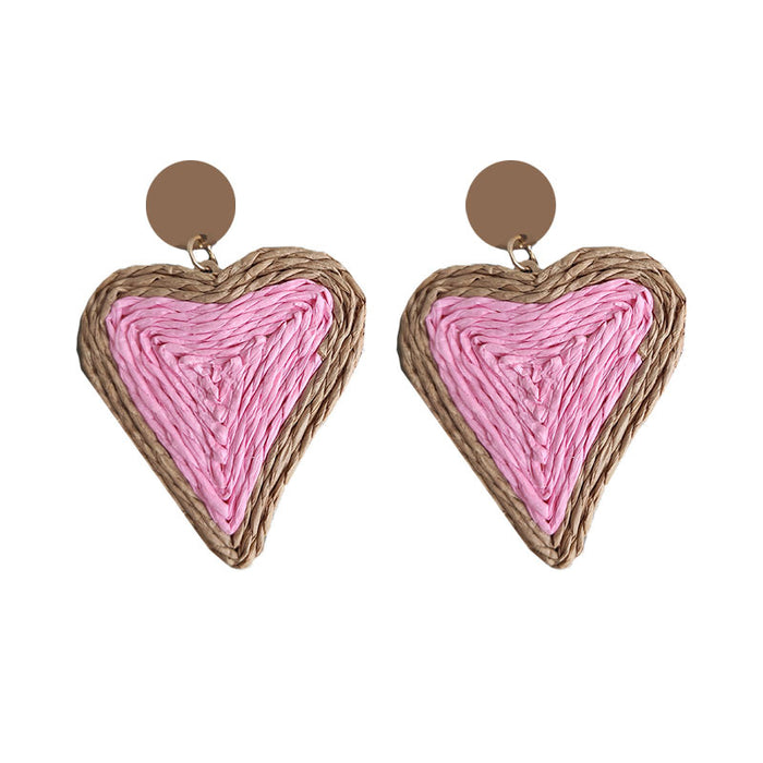 Hot Selling Heart Woven Earrings with Colorful Raffia Grass for Beach Style