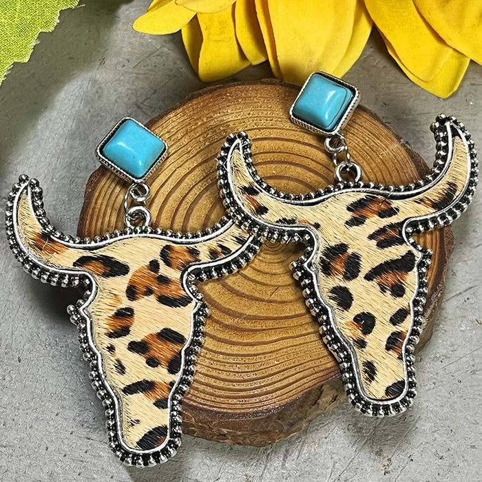 Pendientes de piel de vaca auténtica de estilo bohemio con cabeza de toro y turquesa estilo occidental