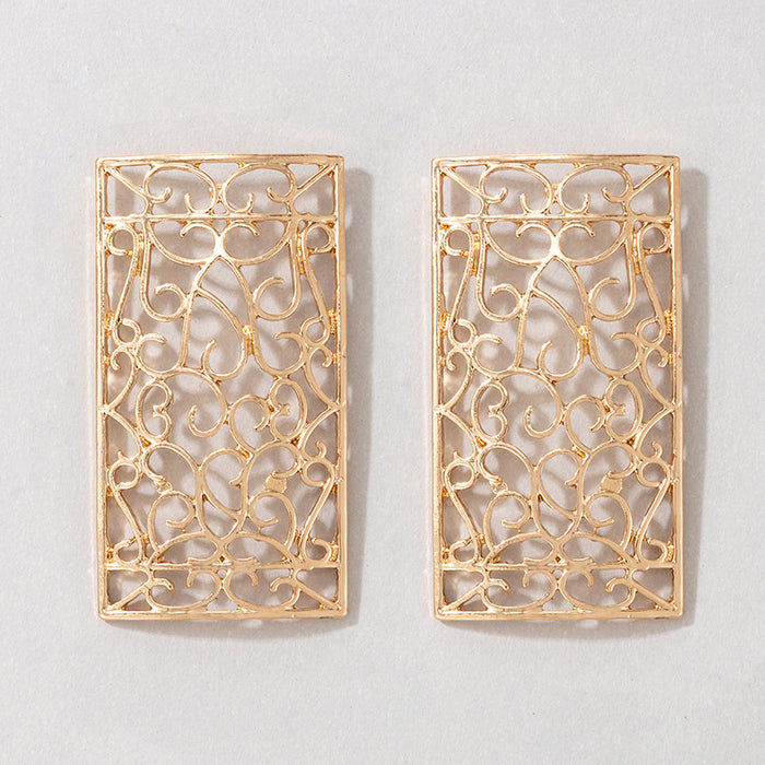 Rectangular hollow carved earrings gold temperament earrings