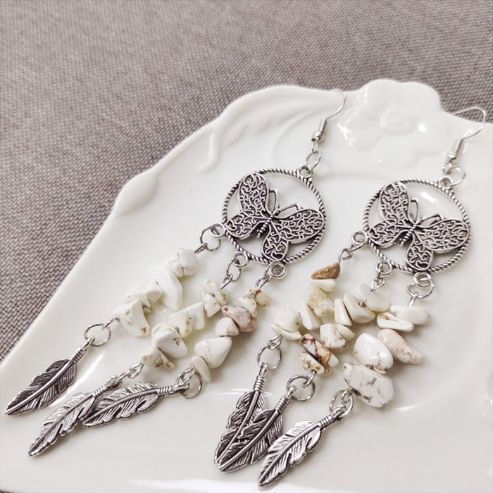 Antique Silver Plated Feather Earrings with Stone and Bohemian Ethnic Style