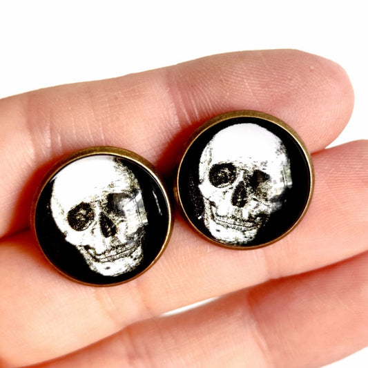 Vintage Glass Skull and Bat Stud Earrings with Halloween Gothic Style