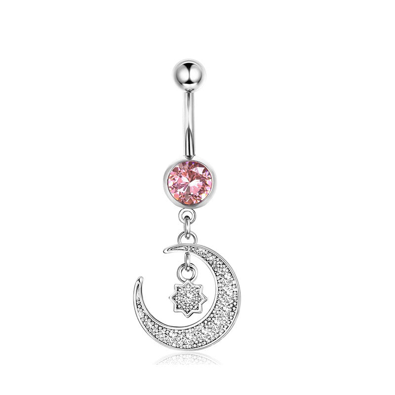 Pink Stainless Steel Zircon Double Heart Curved Barbells for Navel - wallojewerly 