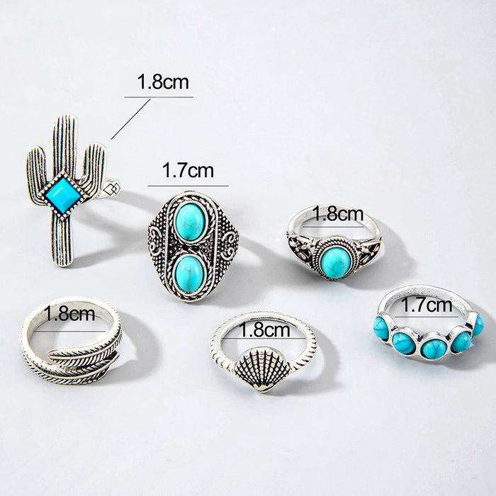 Bohemian Ring Set - 6pcs Vintage Flower Turquoise Rings