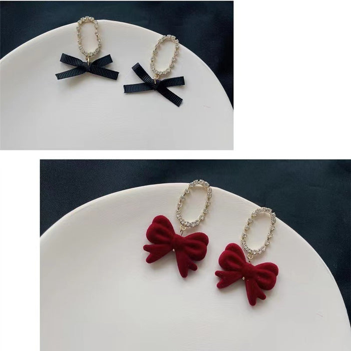 Black ribbon red bow earrings with diamond S925 silver autumn and winter new earrings