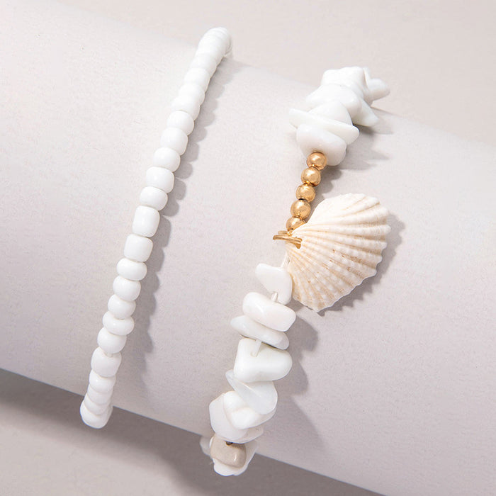 White Stone Shell Beaded Anklet Set - Boho Beach Style Foot Jewelry