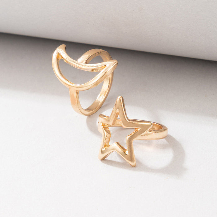 Star and Moon Hollow Geometric Irregular Ring 2-Piece Set