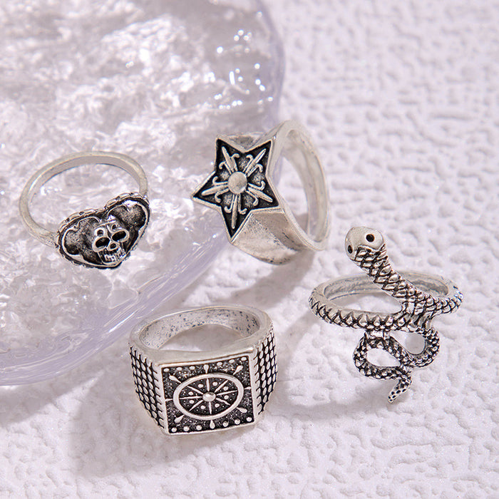 Star Heart Skull Snake Four-Piece Ring Set