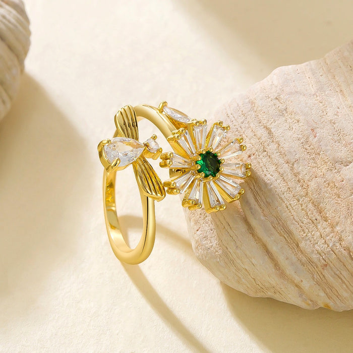 Wholesale copper micro-painted zircon bee and daisy rotating open ring