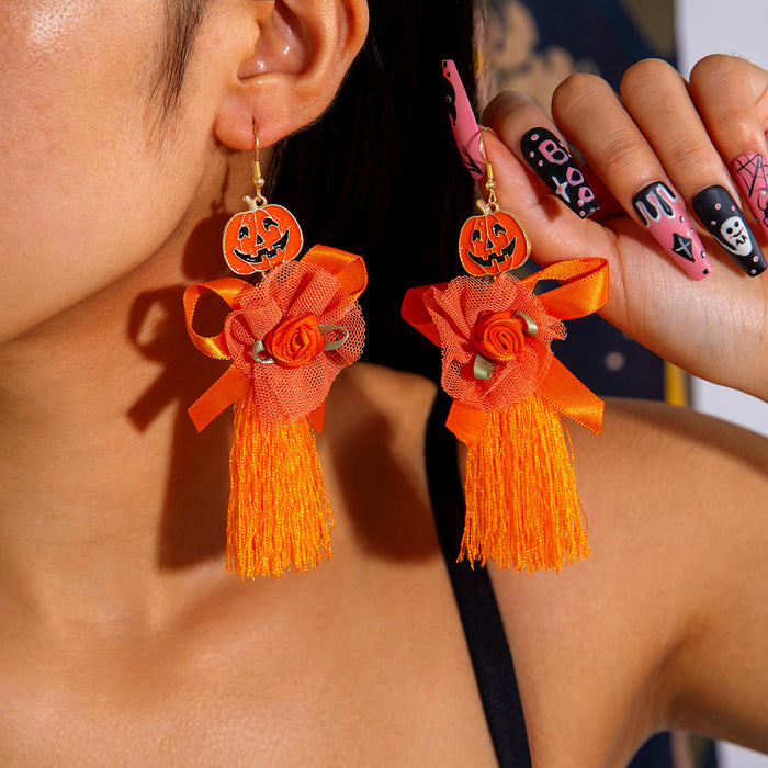 Halloween Oil Drop Pumpkin Tassel Earrings Creative Bowknot Rose Earrings