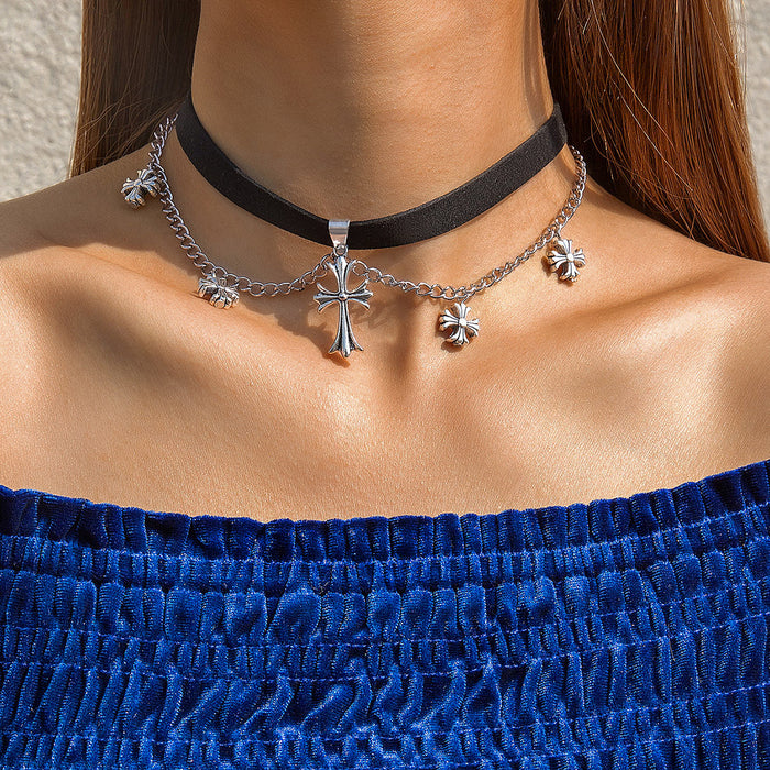 Gothic Cross Pendant Necklace with Velvet Choker Design