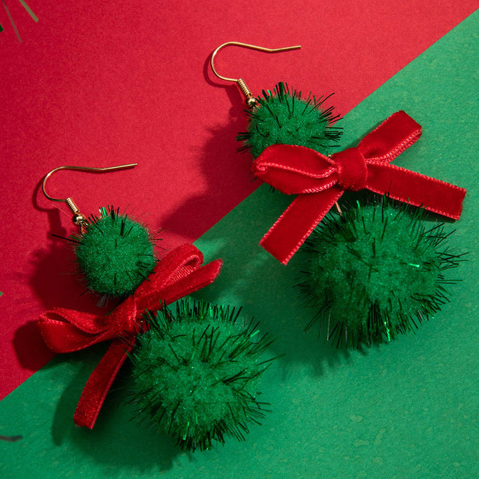 Christmas creative fur ball earrings red and green bow cute earrings for women