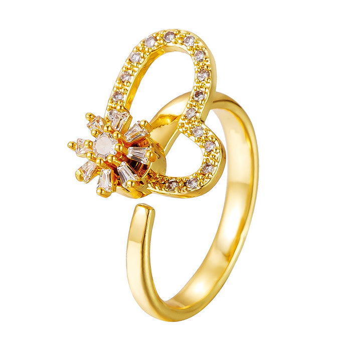 Wholesale copper micro-set rotating zircon heart and flower open ring