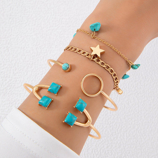 Conjunto de cuatro piezas de pulsera con colgante de estrella de nuevo diseño: brazalete abierto de turquesa de estilo étnico