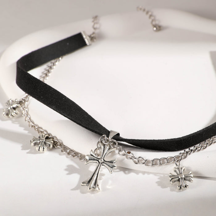 Gothic Cross Pendant Necklace with Velvet Choker Design