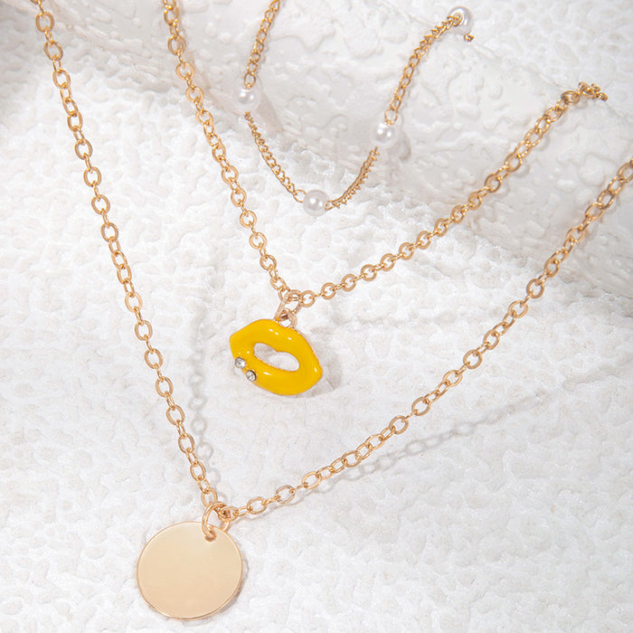 Yellow Enamel Lip Pendant Multi-Layer Necklace - Pearl and Disc Four-Chain Set