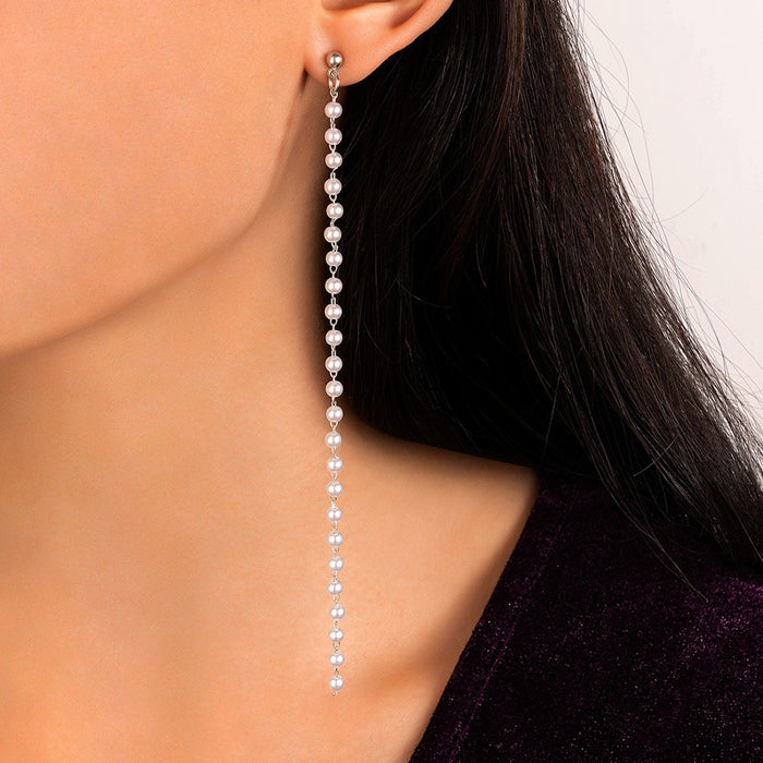 Pearl long chain tassel earrings geometric beaded light luxury earrings