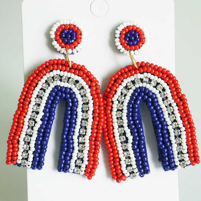 Patriotic Beaded Earrings with Handmade Bow, Rainbow Heart, and Star Designs