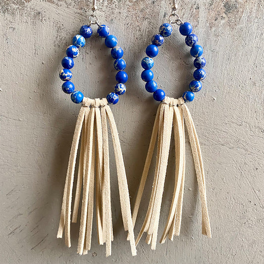 Western Style Turquoise Bead and Leather Tassel Earrings with Texas Theme