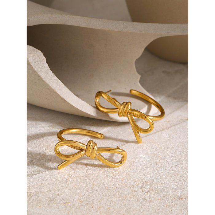 18K Gold Stainless Steel Bow Knot C-Shaped Earrings - Unique Design Titanium Steel Jewelry