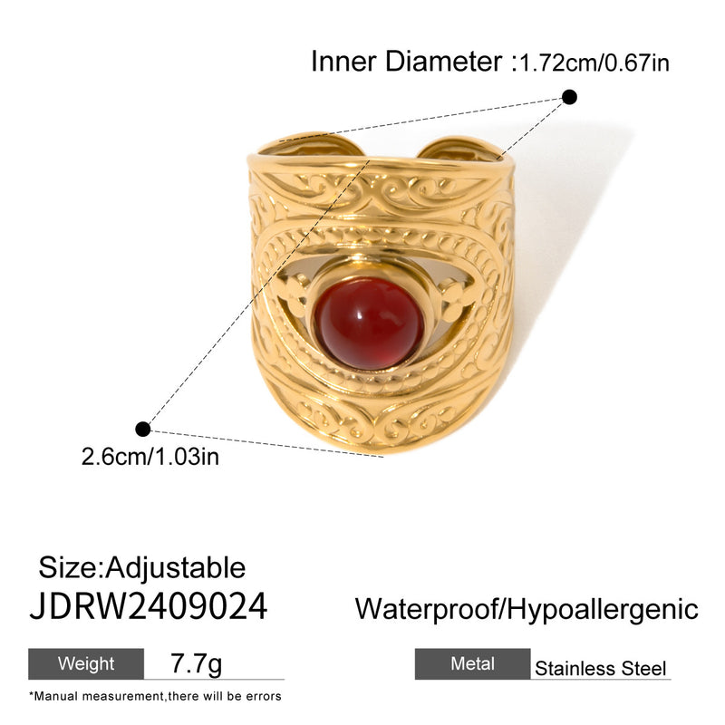 Anillo abierto de ágata roja de acero inoxidable