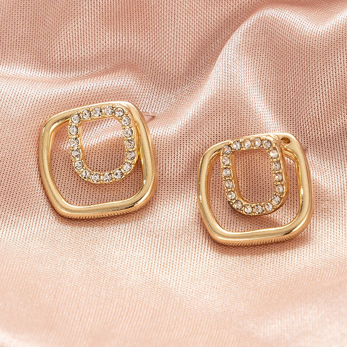 Square geometric diamond-studded earrings with simple and elegant temperament