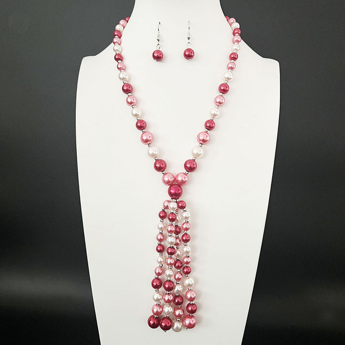 Wholesale glass pearl tassel necklace, bracelet, and earring sets - wallojewerly 