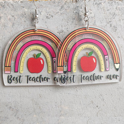 Cute Teacher Earrings with Ruler, Pencil, Apple, and Rainbow Designs