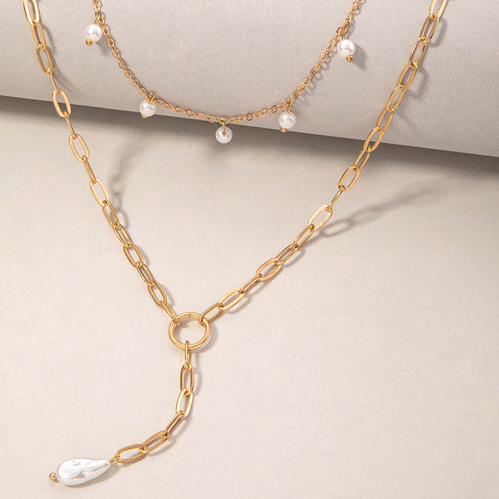 Double Layered Faux Pearl Choker Necklace - Baroque Geometric Long Chain Jewelry for Women