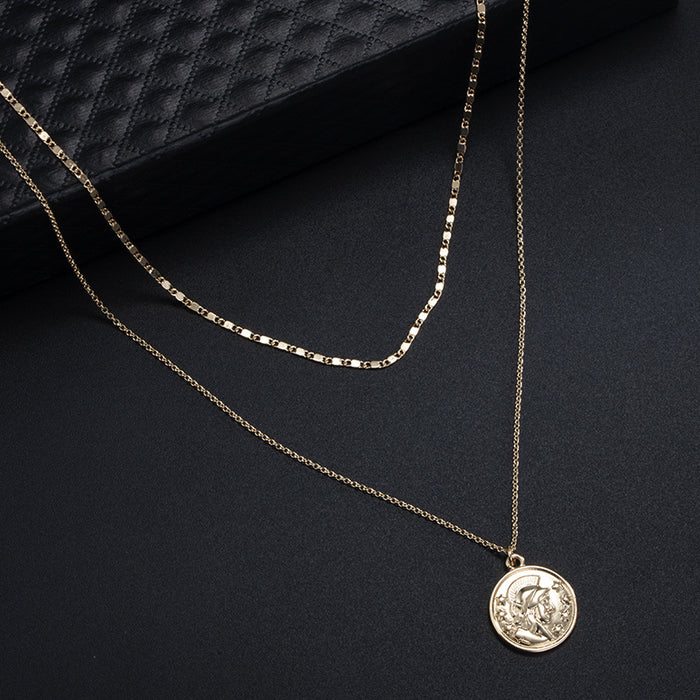 Human Face Multi-Layer Necklace with Metal Round Disc Double Layer Design