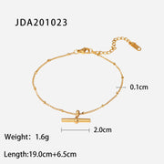 18K Gold Plated Titanium Steel Anklet - T-Bar Pendant Round Bead Chain Fashion Jewelry - wallojewerly 