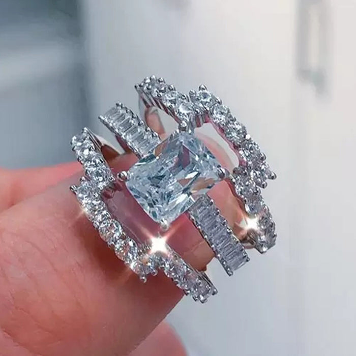 Juego de anillos con combinación de diamantes completos, regalo de aniversario para damas