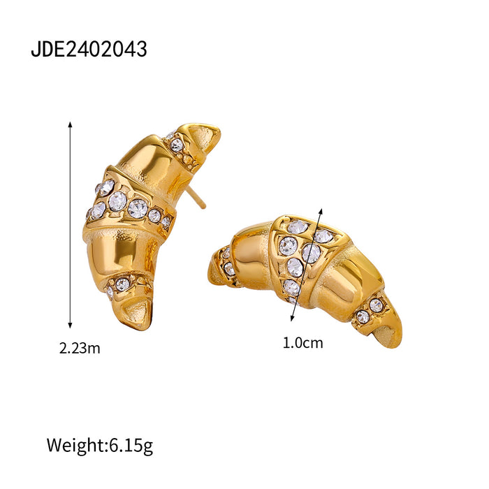 Pendientes con incrustaciones de diamantes y forma de medialuna de acero inoxidable chapado en oro de 18 quilates de estilo europeo para primavera y verano