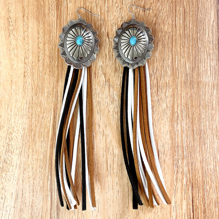 Western Pumpkin Flower Long Tassel Earrings with Vintage Turquoise Leather