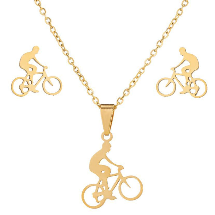 Bicycle series pendant necklace earrings set, ins European and American stainless steel women's sports jewelry