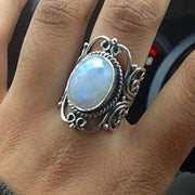 Ring with geometric hollow carvings inlaid with imitation moonstone - wallojewerly 