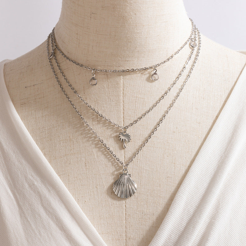 Metal Shell Triple Layer Necklace with Geometric Diamond Palm Tree Pendant