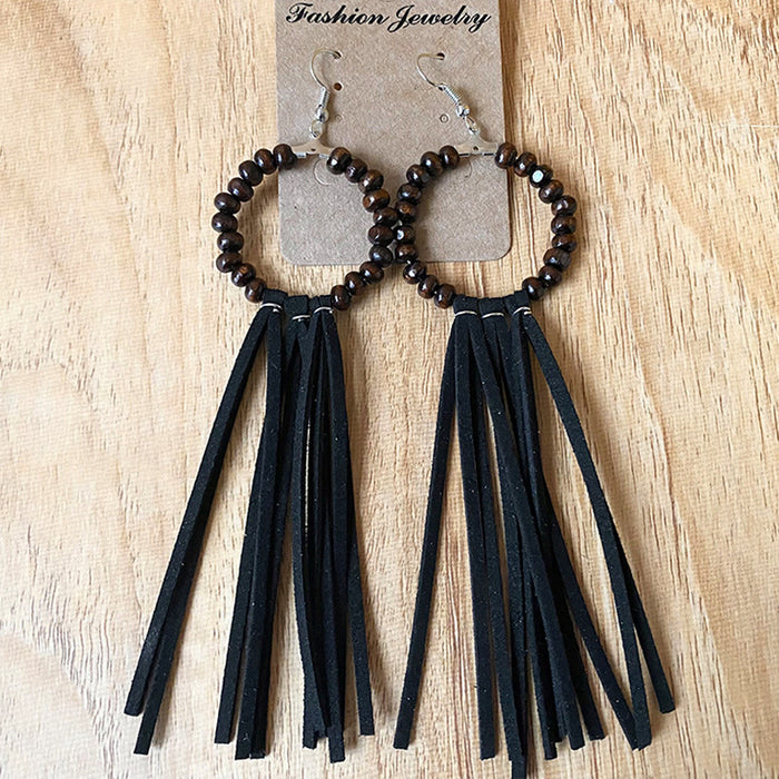 Bohemian Wood Bead Tassel Earrings with Unique Design