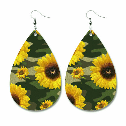 PU Leather Teardrop Earrings with Buffalo Plaid and Sunflower Print