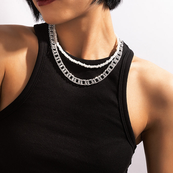 Minimalist Double-Layer Beaded Chain Necklace – Unisex Street Style Choker