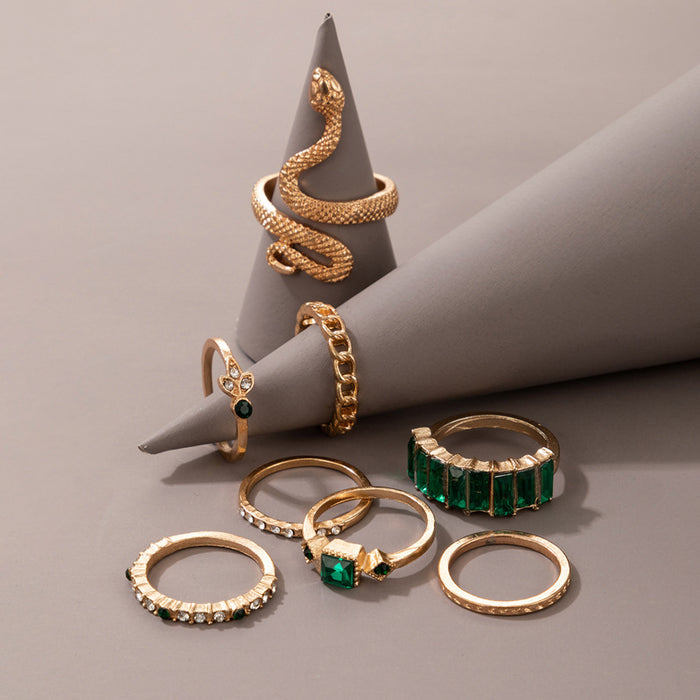 Snake-shaped green diamond ring eight-piece set geometric animal light luxury combination