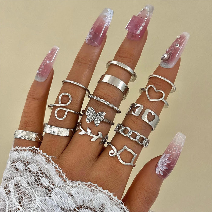 New Fashionable Minimalist Alloy Heart Leaf Ring Set – Geometric Cut-Out Butterfly Rings, 4-Piece Collection