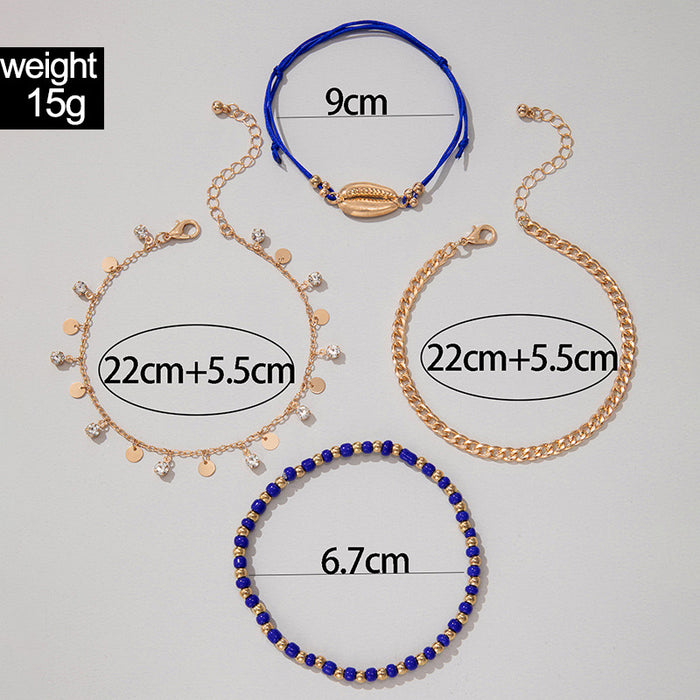 New Shell and Bead Anklet Set - Trendy Four-Layer Ankle Bracelets