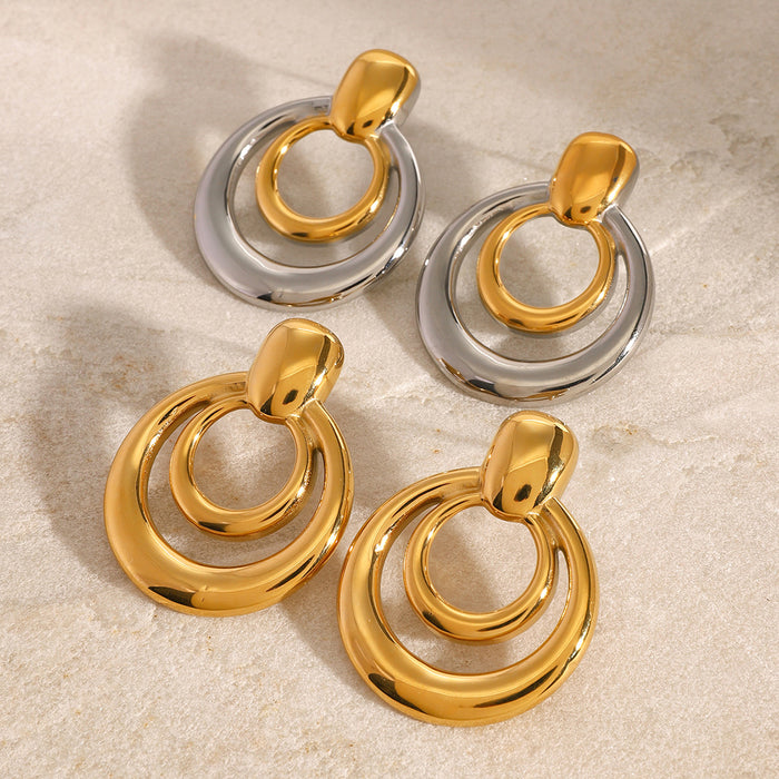 Stainless steel double-layer hollow earrings, simple and antique temperament color matching earrings