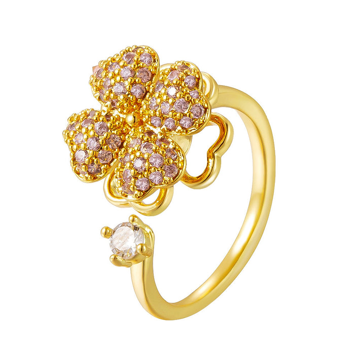 Wholesale copper heart-shaped four-leaf clover rotating open rings set with pink diamonds