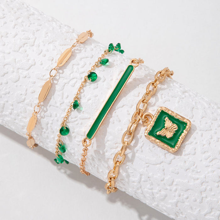 New Oil Drop Butterfly Rectangle Bracelet - Gold Green Inlaid Rhinestone Jewelry Four-Piece Set