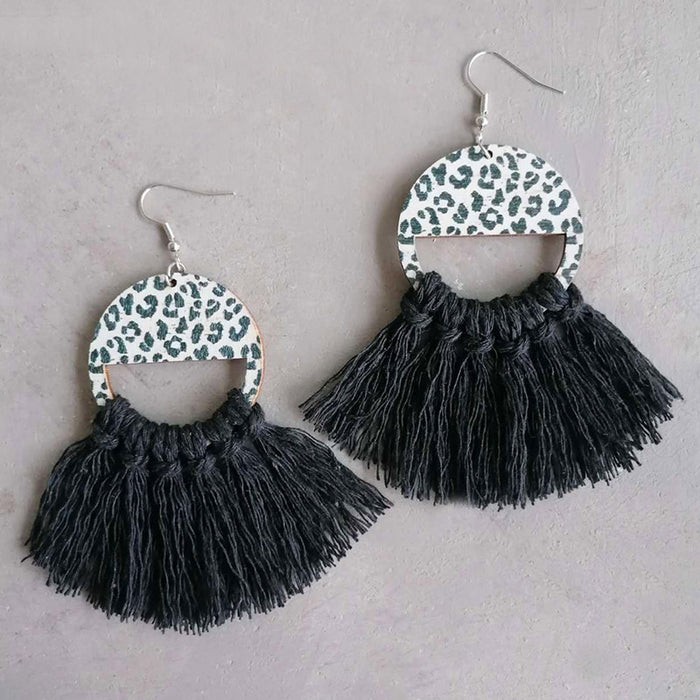 Bohemian Handwoven Tassel Fan-Shaped Earrings with Morandi Color and Leopard Print