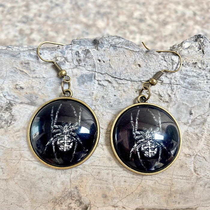 Vintage Glass Earrings with Crow, Black Cat, and Skull for Halloween