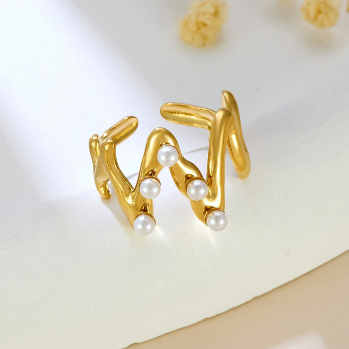 Wholesale stainless steel and titanium steel irregular line pearl-set couple rings