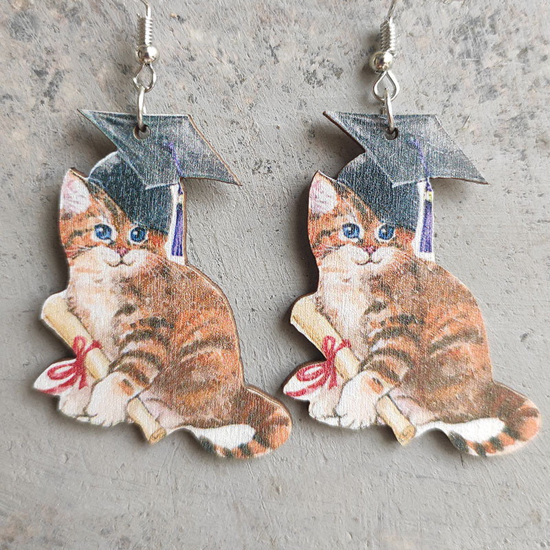 Wooden school cat book earrings